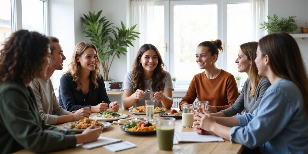 Un grupo de personas conversando y haciendo preguntas a un experto en nutrición en un entorno amigable.